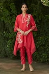 Buy_Vashisht Guru Dutt_Coral Handloom Chanderi Embellished Work Asymmetric Hem Kurta And Pant Set _at_Aza_Fashions