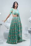 Buy_Nautanky_Green Blouse- Viscose Silk Printed Floral Round Neck Lehenga Set _at_Aza_Fashions