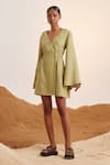 Buy_Cord_Green Linen V Neck Macha Bell Sleeve Dress_at_Aza_Fashions