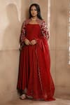 Buy_OMANA BY RANJANA BOTHRA_Red Kurta And Trouser - Bamber Raw Silk Embroidery Thread Scoop Bella Sleeve Set _at_Aza_Fashions