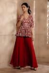 Buy_OMANA BY RANJANA BOTHRA_Red Peplum - Cupro Raw Silk Embroidery Thread Zareen Flower Top And Sharara Set _at_Aza_Fashions