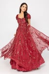 Buy_Sartoriale_Wine Organza (100% Silk) Embroidered Floral Sweetheart Neck Ball Gown  _at_Aza_Fashions