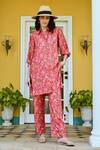 Buy_Karaj Jaipur_Red Muslin Floral Shirt Collar Pattern Tunic With Pant_at_Aza_Fashions