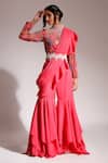 Buy_Nitya Bajaj_Pink Net Ruffle Sharara Printed Blouse Set_at_Aza_Fashions