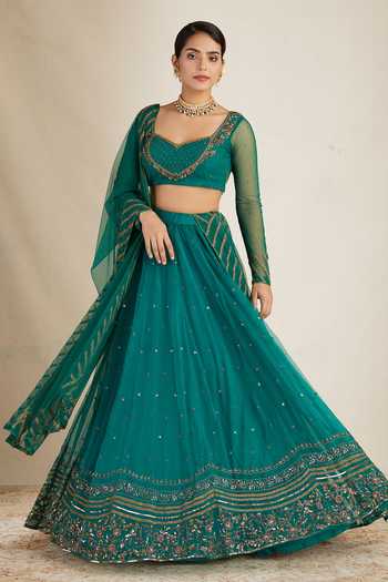 Buy_ASTHA NARANG_Green Net, Crepe, Nylon Sequins, Embroidery, Cut Work Floral Lehenga Set _at_Aza_Fashions