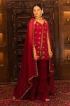 Buy_Vana Ethnics_Maroon Organza, Georgette, Satin, Viscose Floral, Embellished Top Sharara Set _at_Aza_Fashions