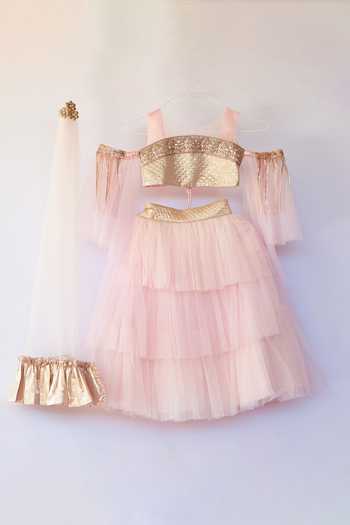 Buy_Pinkcow designs pvt ltd_Pink Tulle, Crepe Tassels Cold Shoulder Blouse With Lehenga Set _at_Aza_Fashions