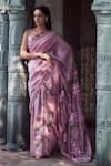 Buy_NEHA SAXENA_Purple Pure Muga Silk Hand Painted Roses Embroidered Saree With Blouse  _at_Aza_Fashions