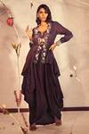 Buy_Babita Malkani_Wine Silk Embroidered Floral V Neck Jacket And Dhoti Skirt Set_at_Aza_Fashions