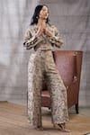 Buy_Soup by Sougat Paul_Beige Brocade Printed Tropical Notched Lapel Mehr Jacket And Flared Pant Set _at_Aza_Fashions