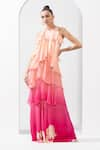 Buy_Mandira Wirk_Pink Chiffon And Embellishment Floral Halter Neck Ombre Tiered Gown _at_Aza_Fashions