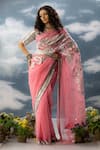 Buy_SAKSHAM & NEHARICKA_Pink Organza Hand Embroidered Patch Laalsa Floral Jaal Saree _at_Aza_Fashions