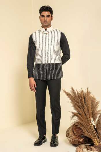 Buy_Abkasa_Black Rayon Embroidery And Ivory Bundi _at_Aza_Fashions