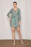 Buy_Amrta By Guneet Kondal_Blue Viscose, Modal Sequins, Cut Work Collared Wing Embroidered Shirt Dress _at_Aza_Fashions