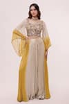 Buy_Onaya_Beige Georgette Hand Embroidered Floral Square Neck Blouse And Flared Pant Set_at_Aza_Fashions
