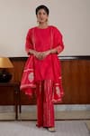 Buy_Kefi Collections_Red Soft Cotton Woven And Hibiscus Asymmetric Kurta Palazzo Set  _at_Aza_Fashions