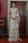 Buy_Arpita Mehta_Cream Georgette Embroidery V-neck Ruffle Saree With Maze Blouse_at_Aza_Fashions