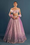Buy_Cedar & Pine_Purple Net Feathers, Pearls, Sequins Sweetheart Embroidered Blouse Lehenga Set _at_Aza_Fashions
