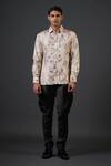 Buy_Balance by Rohit Bal_Beige Poplin Satin Printed Floral Bird And Fitted Shirt  _at_Aza_Fashions