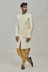 Buy_Arihant Rai Sinha_Cream Pant Art Silk Woven Geometric Placement Sherwani Set _at_Aza_Fashions