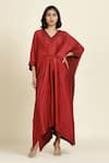 Buy_Oshi By Shikha_Maroon Silk Chanderi Hand Embroidered Chid Work V Neck Kaftan _at_Aza_Fashions