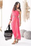 Buy_Chhavvi Aggarwal_Pink Crepe Embroidery Asymmetric Floret Print One Shoulder Draped Dress_at_Aza_Fashions