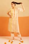 Buy_BANANA labs_White Cotton Hand Block Print Stripes U Neck Apricot Kurta And Pant Set _at_Aza_Fashions