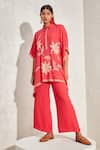 Buy_Namrata Joshipura_Red Linen Crepe Hand Embellished Floral Patterns Primrose Kaftan Top _at_Aza_Fashions