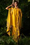 Buy_Pallavi Poddar_Yellow Dupion Embroidery Zardozi And Thread Round Floral Cape & Draped Pant Set _at_Aza_Fashions