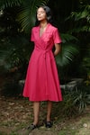 Buy_Vanaras_Pink Organic Cotton Notched Lapel Nirjara Wrap Dress  _at_Aza_Fashions