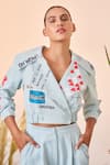 Buy_Shahin Mannan_Blue Thin Denim Typography Notched Oh Wow Biker Cropped Jacket Top  _at_Aza_Fashions