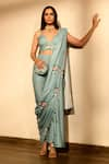 Buy_Pasha India_Green Linen And Embroidery Floral & Pant Saree With Strappy Blouse _at_Aza_Fashions