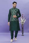 Buy_Aryavir Malhotra_Green Art Banarasi Silk Printed Floral Kurta Set With Bundi _at_Aza_Fashions