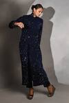 Buy_Jyoti Sachdev Iyer_Blue Velvet Sequins, Feathers Bandeau Neck Embroidered Jacket And Trouser Set _at_Aza_Fashions