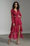 Buy_Amrta By Guneet Kondal_Pink Chiffon, Viscose V-neck Shimmer Cut-out Gown _at_Aza_Fashions