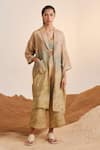 Buy_Cord_Beige Linen Printed Impression Jacket Shawl Collar Peru And Pant Set _at_Aza_Fashions