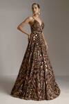 Buy_Seema Gujral_Brown Net Geometric Plunge V Neck Sequin Work Flared Gown_at_Aza_Fashions