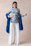 Buy_Thetaa_Blue Tussar Silk Printed Mughal Mandarin Collar Floral Peplum Kurta Sharara Set _at_Aza_Fashions