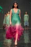 Buy_Ranng Label_Green Organza And Satin Blunt V Neck Ombre Tiered Dress _at_Aza_Fashions