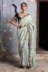 Buy_Nitika Gujral_Green Saree: Monga Banarsi Silk Floral Woven With Velvet Blouse For Women_at_Aza_Fashions