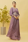 Buy_Samyukta Singhania_Purple Chinon Embroidered Zari Square Neck Asymmetric Layered And Pleated Gown _at_Aza_Fashions