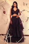 Buy_Babita Malkani_Wine Tulle, Organza Fringe, Embroidery V-neck Knotted Top And Lehenga Set _at_Aza_Fashions