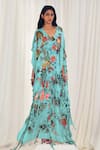 Buy_AK-OK_Blue Silk V-neck Floral And Ostrich Print Kaftan _at_Aza_Fashions