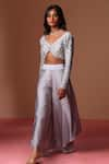 Buy_Soha by Harleen and Sona_Grey Blouse Silk Embroidered Crystal Stripe Pattern Embellished With Palazzo _at_Aza_Fashions