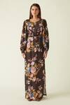 Buy_Payal Pratap_Brown Linen, Satin Round Neck Merbabu Floral Bloom Print Dress _at_Aza_Fashions