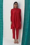 Buy_Pleats By Aruni_Red Polyester High Neck Crushed Sleeve Pleated Kurta And Pant Set_at_Aza_Fashions