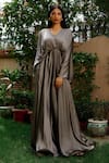 Buy_OMANA BY RANJANA BOTHRA_Grey Satin Sequin V Neck Gunmetal Flared Gown _at_Aza_Fashions