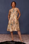 Buy_Chokhi Chorri_Beige Handwoven Silk Print Moroccan Tile Round Neck Arsia Dress _at_Aza_Fashions