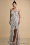 Buy_Kommal Sood_Silver Lycra Stretch Net Embroidered Sequins V Neck Overlap Gown  _at_Aza_Fashions