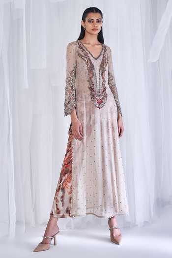 Buy_Dolly J_Ivory Chiffon Embroidery, Zari V-neck Ariana Kamdani Kurta And Pant Set _at_Aza_Fashions